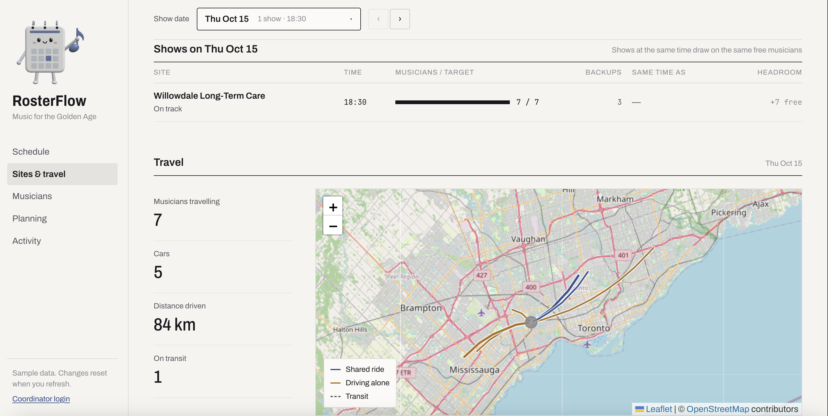 RosterFlow sites and travel screen