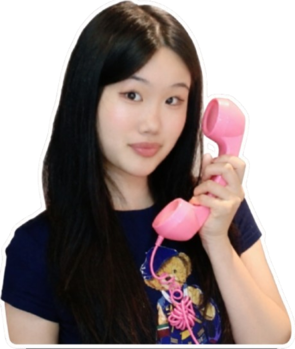 Rachael holding a pink phone